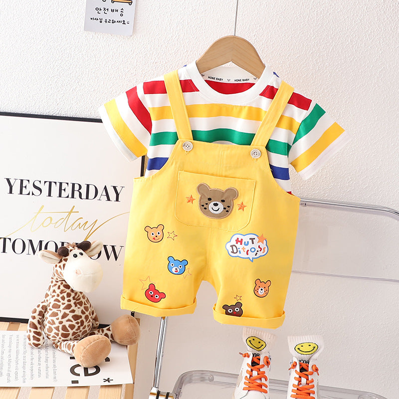 Boys' Summer Casual Suspender Trousers Short Sleeve Suit