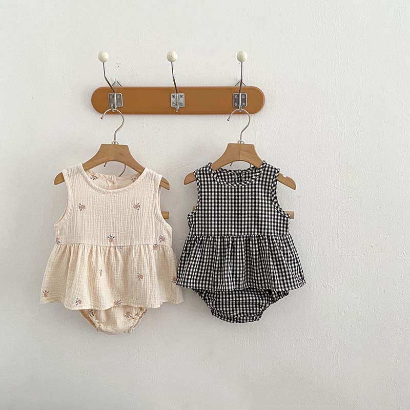 Girls' Plaid Embroidered Sleeveless Short Skirt Two-piece Set
